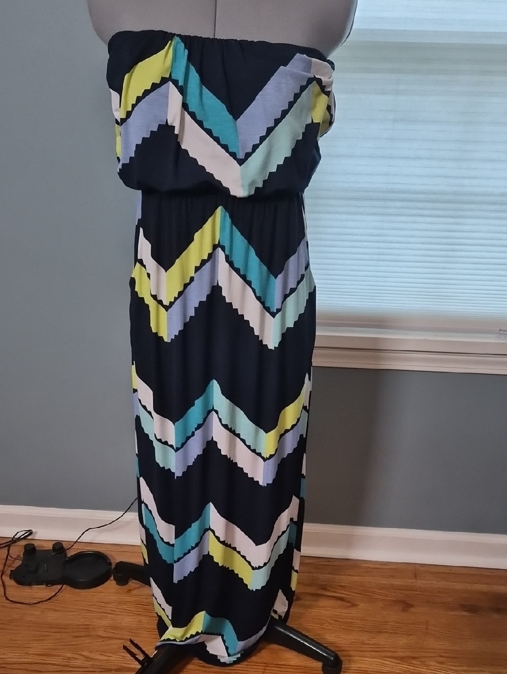 Trixxi Strapless Chevron Maxi Dress in Navy, Teal, Yellow & White